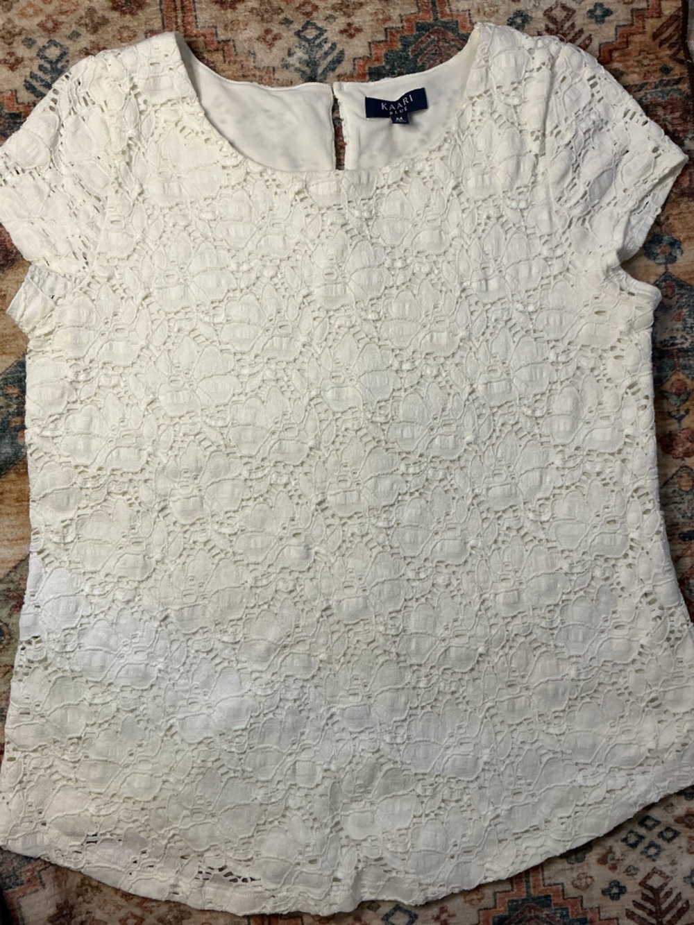 Casual Blouse KAARI BLUE Women’s Medium White Lace Floral Short Sleeve
